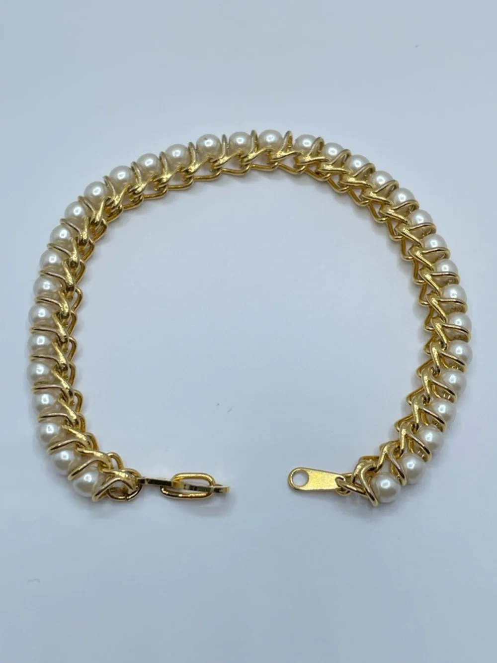 Vintage Gold Faux Pearl Link Bracelet Art Deco Bridal Elegant Timeless